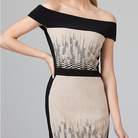 NWT JOSEPH RIBKOFF OFF-THE-SHOULDER BLACK AND TAN DRESS WOMENS 10 - Picture 2 of 11